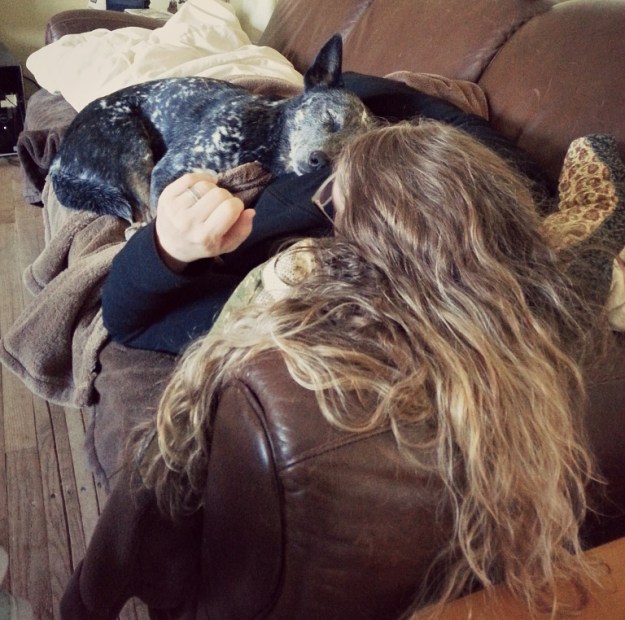 Ringo cuddling with me yesterday after he got back from a long hike